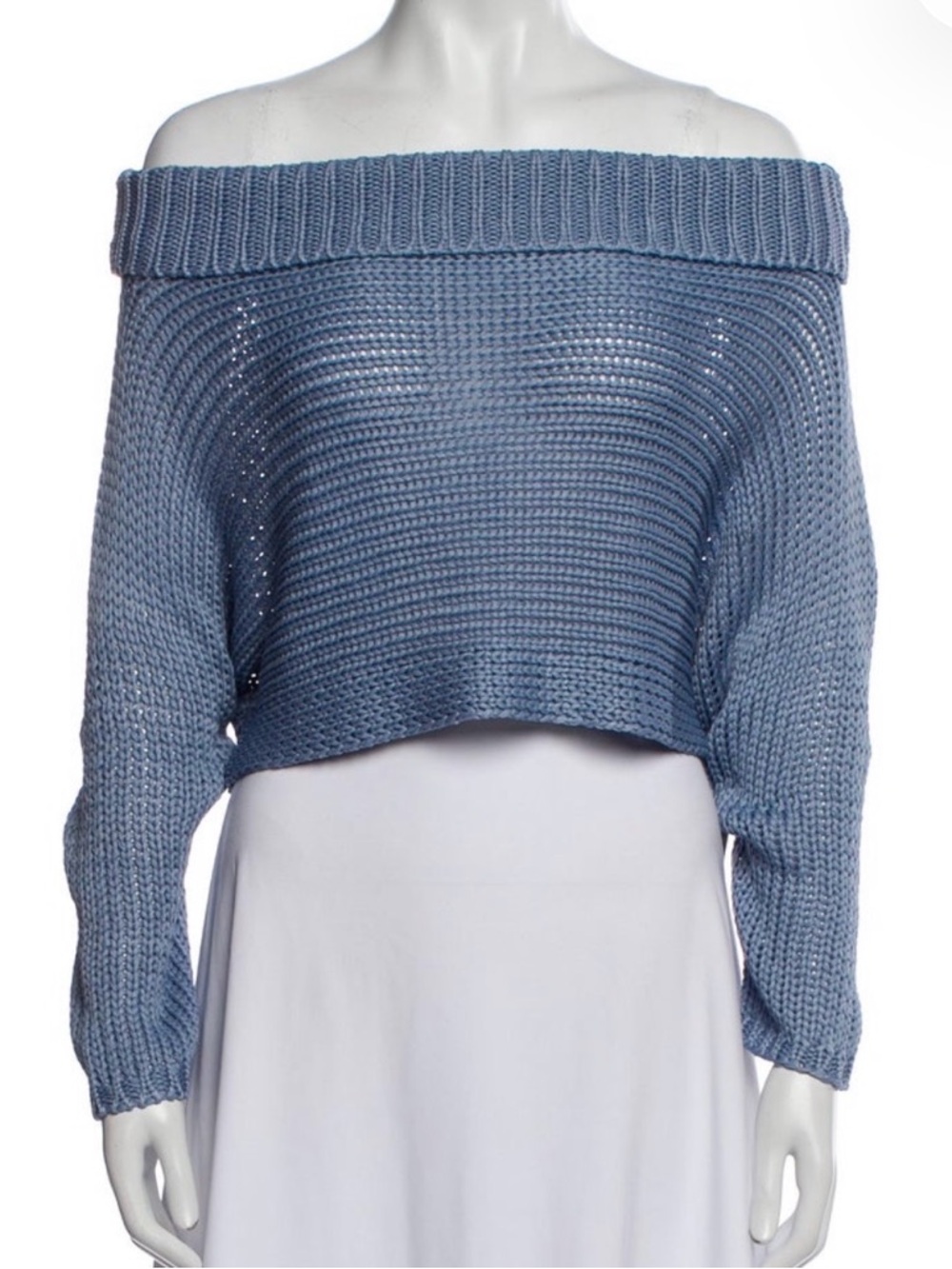 Tibi 100% Silk Blue Off-the-Shoulder Cropped Knit Sweater
